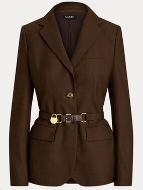 Lauren Ralph Lauren Glen Plaid Brown Wool Blend Belted Blazer Jacket Size 14